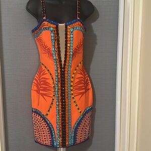Orange Mini Dress with Multi-colored Diamond Gems & Sweetheart Neckline